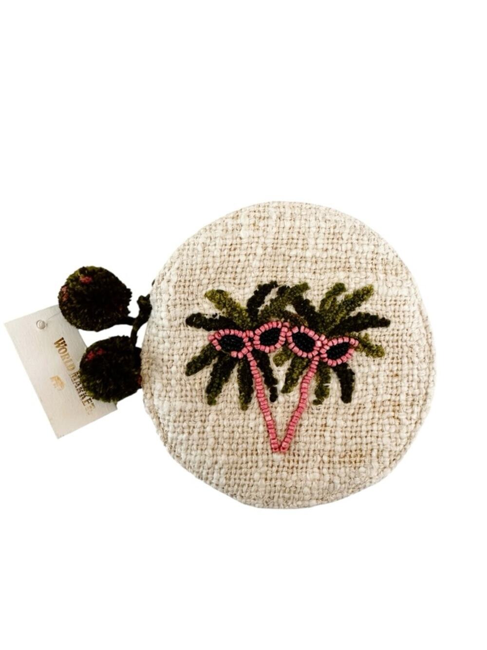 World Market Round Woven Beaded Palm Print Zippered Pouch